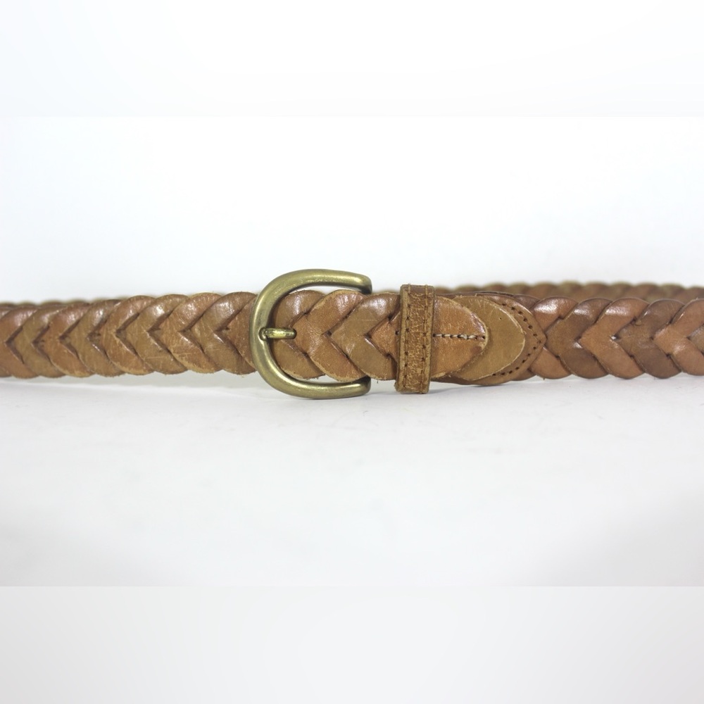 Vintage Tan Leather Link Belt Woven Braided with Brass Buckle Distressed Thailan